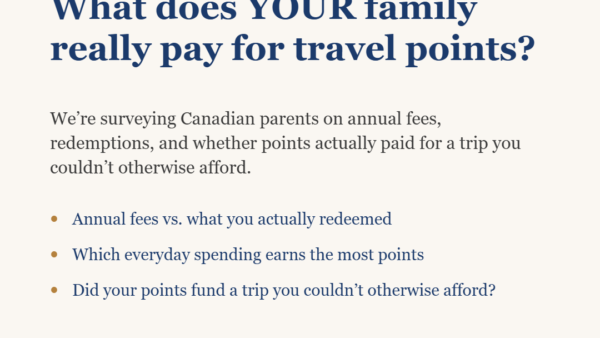 Ms Miles survey graphic asking Canadian families what they pay in annual fees, what they redeem, and whether points funded a trip they otherwise could not afford
