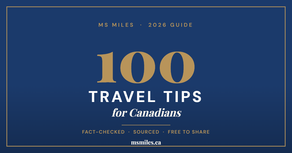 100 Travel Tips for Canadians — Ms Miles 2026 guide cover graphic, navy and gold